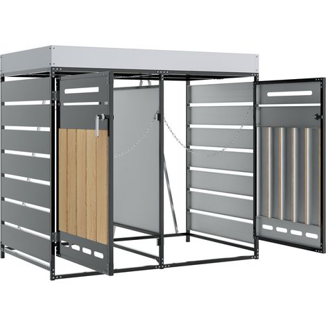 Armario para cubos de basura con jardinera, 2 compartimentos, metal negro (1/5)