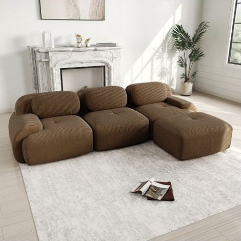 Canapé d'angle 298x178x75cm velours côtelé marron - Canapé Modulable - 3 places, mousse 32D, sans montage, base antidérapante (1/5)