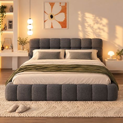 Lit Double 140x190 cm Lin Gris Rembourré, Tête de Lit Capitonnée, Sommier à Lattes, pour Ados et Adultes, Sans Matelas (1/5)