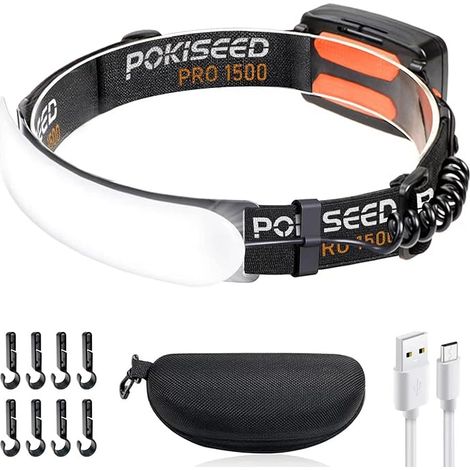 Linterna frontal LED ultra potente POKISEED de 1500 lúmenes, recargable por USB-C, batería de 5000 mAh, haz de luz amplio de 230°, 3 modos, resistente al agua IPX6, clips para casco: ideal para correr (1/5)
