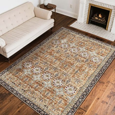 Tapis Salon, 2,4 x 3 m, Grand Tapis Chambre Lavable Antidérapant, Poils Courts Denses, Résistant aux Griffures Animaux, Doux et Confortable, Style Vintage, pour Bureau, Entrée, Marron et Vert (1/5)