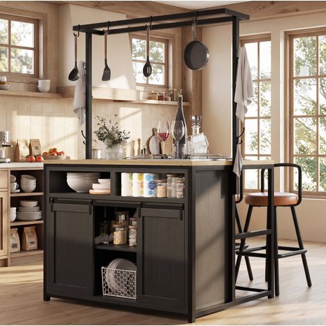 Conjunto de isla de cocina con 2 taburetes, 107x62x183 cm, con enchufe y USB, MDF y metal negro (1/5)