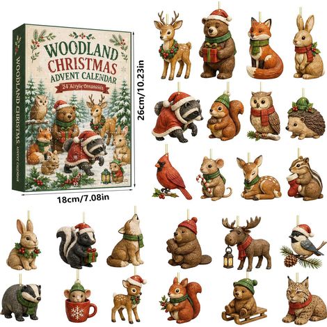 Calendrier de l’Avent 2026 MH127, 24 ornements acryliques animaux de forêt, souris tasse rouge, pendentifs sapin, coffret surprise cadeau Noël (1/4)