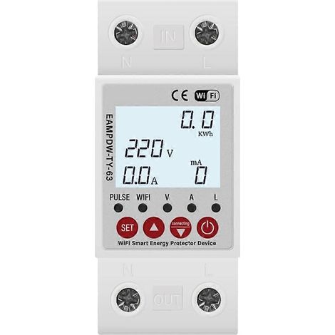 Relais de protection intelligent WiFi TUYA 2P 63A, disjoncteur, protection contre les fuites à la terre, surtension et sous-tension, compteur d'énergie (kWh). (1/5)