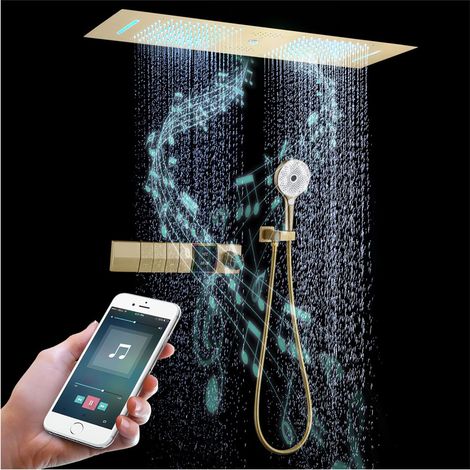 Musik Duschsystem mit Thermostat, 300x900mm LED 64 Farben 4 Funktionen Duschset Unterputz, Regen, Wasserfall, Wassersäule, Handbrause mit 3 Funktionen,Thermostatkörper aus Messing,Deckenmontage(Gold) (1/5)