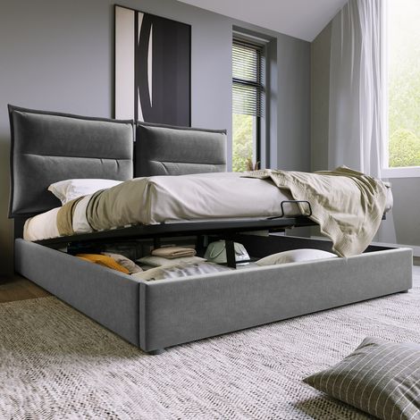 DESVIAE Lit double rembourré hydraulique 140 x 200 cm avec rangement sommier à lattes tête de lit réglable dossier coussiné velours gris cadre en bois massif et métal (1/5)