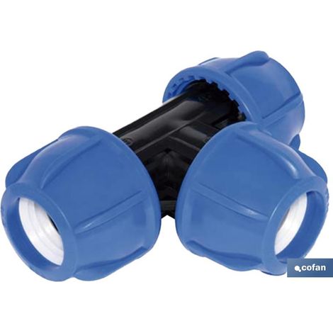 COFAN te 90° pp pn16 32 x 32 x 32 venta unitaria , TE 90° con tres conexiones para tuberías de polietileno (PE).Adecuado para trabajar en sistemas de conducción de agua con una pr