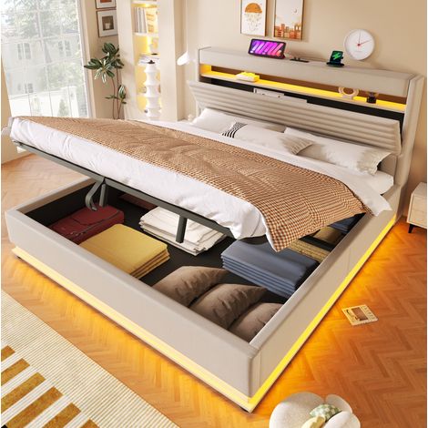 letto contenitore 180x200 con LED USB beige OKMYHOME (1/5)