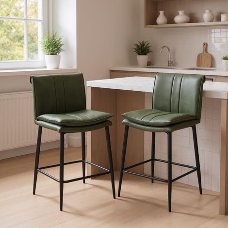 Wahson Bar Stools 2Pcs in PU Leather Modern Industrial Counter Chairs with Backrest for Kitchen Home Bar Restaurant, Green (1/5)