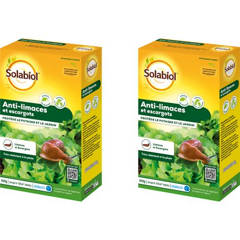 Anti-limaces et escargots granulés 2x400g – Résistant à la pluie – Prêt à l'emploi – Utilisable en agriculture biologique – SOLIMA400X2 – Solabiol