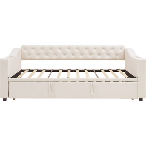 Letto divano convertibile 90x190 cm in velluto beige con porte USB e vani portaoggetti (1/5)