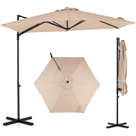 Parasol Déporté Hexagonale à Pied, avec Pivotant à 360°, Toile Inclinable à Double Couche, Parasol de Jardin Extérieur, 240 CM, Beige (1/5)