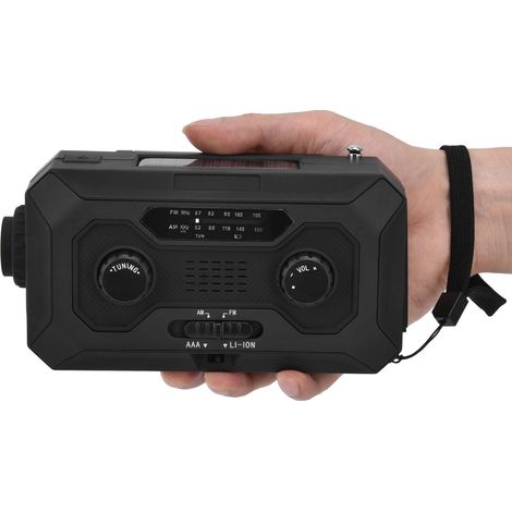 Radio météo d'urgence à manivelle avec commutation AM/AM, indicateur de batterie, lampe torche et batterie solaire pour le camping en plein air (version noire UE). (1/5)