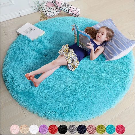 Tapis rond moelleux 120x120cm bleu pour chambre à coucher, carpette circulaire épaisse 4x4 pieds pour chambre d'enfant (1/5)