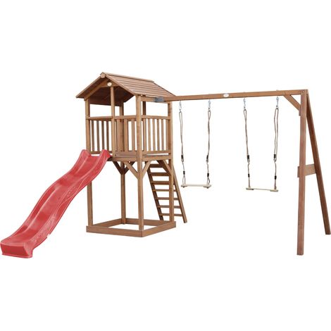 Axi Beach Tower Aire De Jeux Avec Toboggan En Rouge, 2 Balançoires & Bac À Sable  Grande Maison Enfant Extérieur En Marron  Cabane De Jeu En Bois Fsc (1/5)