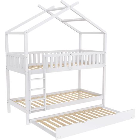 Cama cabaña infantil 90x200 cm con 3 camas nido de pino blanco MODENUIT (1/5)