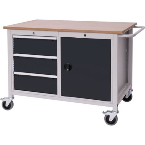 Banco da lavoro L1250xP750xH935mm multistrato di faggio grigio chiaro/grigio 3 cassetti, 1 anta (1/2)