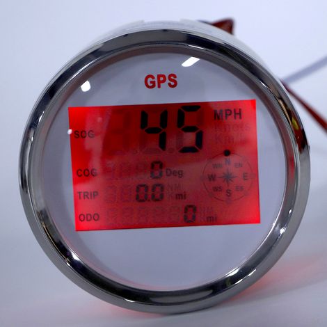 Compteur de vitesse/odomètre GPS numérique universel marin 85 mm, 0 à 999 nœuds, km/mp. Pour bateaux, camions, motos et voitures. Rétroéclairage 12 V/24 V, fond blanc et cadre argenté. (Remise de 10 R (1/5)