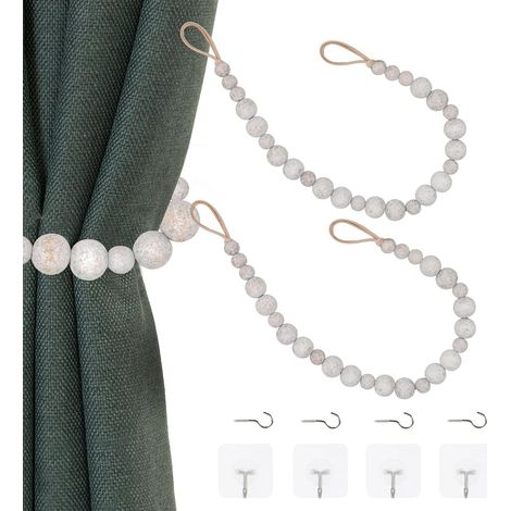 Lot de 2 embrasses de rideaux, perles en bois blanchi à la chaux, corde en cuir, crochets inclus, pour salon chambre (1/5)