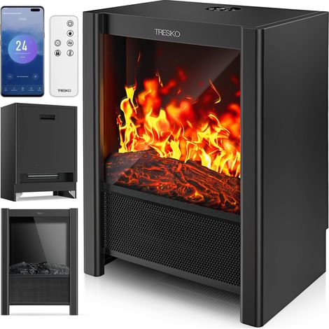 TRESKO® Elektrokamin mit Heizung & Fernbedienung 2000W, WiFi App Kamin elektrisch LED-Flammeneffekt & LCD-Display Kaminfeuer mit Thermostat, Timer Elektro Kaminofen Standkamin Heizlüfter (1/5)