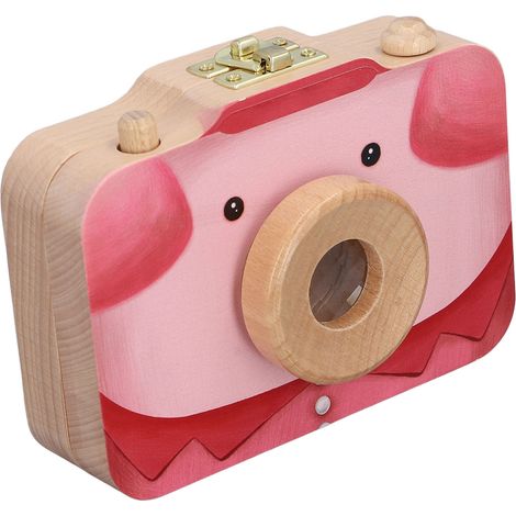 Boîte de rangement pour appareil photo en bois multifonctionnelle en forme de dent de lait, à collectionner, avec cochon rose. (1/5)
