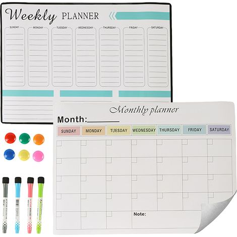 Relaxdays Whiteboard für Kühlschrank, Wochenplaner & Monatsplaner Set, magnetisch, abwischbar, 4 Stifte, 6 Magnete, weiß