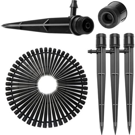 50pcs Adjustable Drip Irrigation Heads, 360 Degree Micro Drip Irrigation Head with Plug Connector and Support Spike for 4/7mm Hose, Insert Irrigation Dripper, Black (1/5)