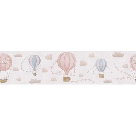 Papel pintado infantil Profhome 771351 cenefa liso con nubes mate crema beige azul rosa 5 m