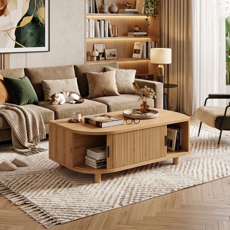 Creahappy Table Basse avec Rangement 100x50x35 cm - Gain de Place - Portes Coulissantes Cannelées Style Scandinave - Chêne Naturel (1/5)