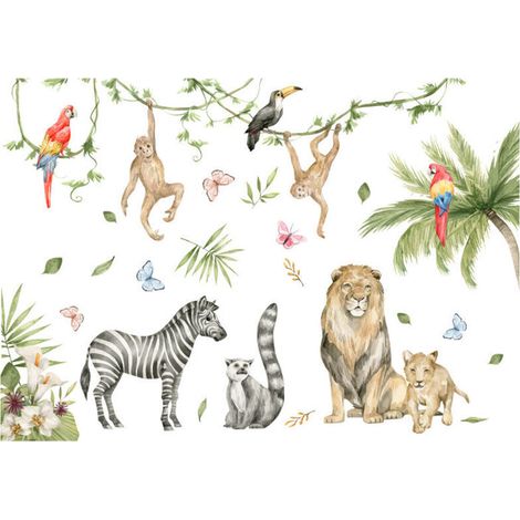 Stickers Muraux Animaux de la Jungle Autocollants Muraux Mural Stickers Safari Singe pour Chambre Enfants Bébé Pépinière Salon 2PCS (1/4)