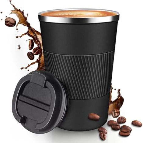 Tasse à café de voyage isotherme, anti-fuite, pobtable pour aller au camping – Tasse à café réutilisable avec couvercles (noir 380) (1/5)