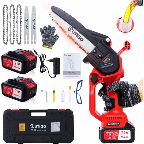 OUTIGO Tronçonneuse à batterie, 8 pouces, 2 4000mAh Akku, MINI Tronçonneuse sans fil, 4chaînes+3 barres de guidage de chaîne (8C)