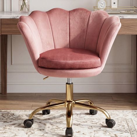 Wahson Bürostuhl höhenverstellbar Weicher Samtbezug, Blütenform Goldener Sockel höhenverstellbar mit Rollen ideal für Schminktisch& Schlafzimmer, Dunkelrosa (1/5)