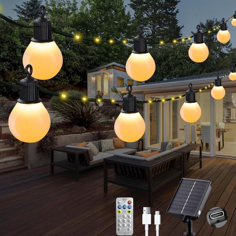Guirlande Solaire Extérieur avec 20 G40 Ampoules, 10M 100 LED Guirlande Lumineuse Solaire avec Télécommande, 8 Modes, Etanche, Décoration pour Jardin, Terrasse, Balcon (Blanc Chaud)