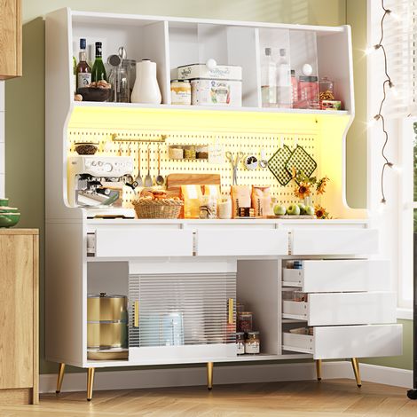 Sideboard haut MDF et verre blanc 145x39x171 cm, portes coulissantes, éclairage LED multicolore, rangement avec panneau perforé (1/5)