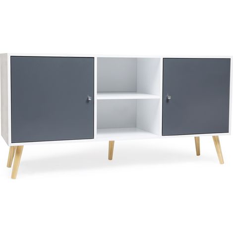 Idmarket – Buffet bas scandinave 140 cm – 2 portes en bois MDF blanc et gris – Dimensions 140x30x70 cm – Pieds en pin inclinés
