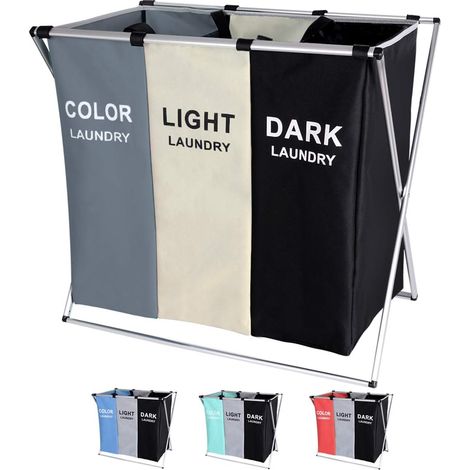 Panier à linge 135 L avec 3 compartiments pour rangement, panier pliable avec cadre en aluminium, pour salle de bain, chambre à coucher, maison (blanc, noir, gris) (1/5)