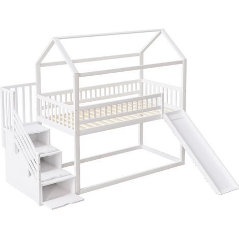 Lit mezzanine enfant 90 x 200 cm blanc avec toboggan et escalier de rangement (1/5)