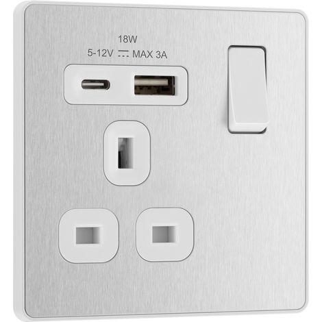 Electrical PCDBS21UAC18W Prise murale à interrupteur unique avec ports de charge USB de type A et USB de type C, charge rapide, plaque avant sans vis, Evolve, acier brossé, 13 A, 18 W (1/5)