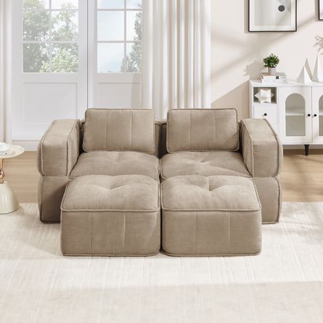 Canapé modulaire droit 2 places, canapé nuage sans cadre en polyester, mousse haute densité 32D, assise profonde antidérapante, sans montage, 198 x 162 x 67 cm, Sable, pour salon et appartement