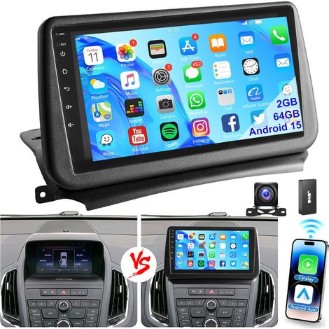 Autoradio 9" Android 15 32/64 Go GPS RDS BT CarPlay pour Opel Zafira Tourer C 2011-2016 - 2+64G DAB+ CAM