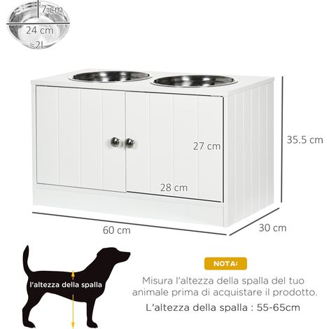 Ensemble de gamelles hautes pour chien (meuble de rangement de 44 L et 2 gamelles en acier inclus), dimensions : 60 x 30 x 35,5 cm, blanc (1/5)