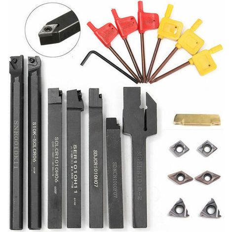 Set di 7 utensili  per tornio, portautensili 10 mm, barre di carburo e chiavi. (1/2)