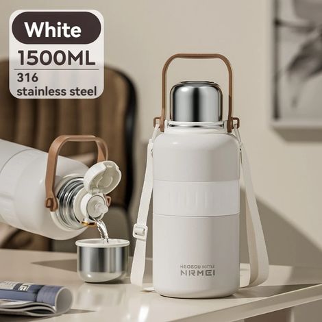 (Blanc, 1500 ml) Bouteille d'eau isotherme en acier inoxydable avec poignée et paille, isolée sous vide, convient à l'eau chaude et froide. (1/5)
