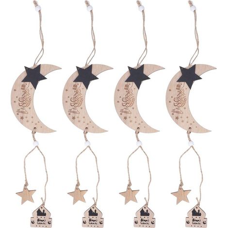 Set mit 4 hölzernen Mond- und Sternanhängern zum Eid-Fest, robuste Ausführung, edles Design für Zuhause, Partys oder als Bürodekoration (1/5)