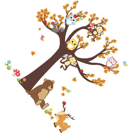 Stickers muraux animaux de la forêt hibou et singe style (1/5)