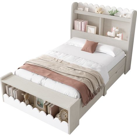 Lit enfant simple coffre 90x200 avec tiroirs, étagère et banc rangement, cadre et sommier bois, blanc et chêne, sans matelas (1/5)