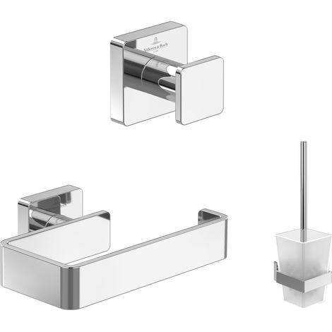 Villeroy & Boch Elements-Striking Accessoire-Set (3 in 1 Bundle), Bad Zubehör Set bestehend aus Handtuchhaken, Toilettenpapierhalter ohne Deckel und Toilettenbürstengarnitur, Chrom