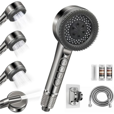 Pommeau de douche haute pression anti-calcaire avec flexible de 1,5 m, 5 filtres et support 4 modes de jet et bouton pause pommeau anti-calcaire pour éliminer le chlore, gris. (1/5)