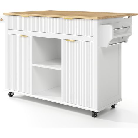 Îlot de cuisine sur roulettes 120 x 45 cm avec plan de travail rabattable et rangement blanc (1/5)